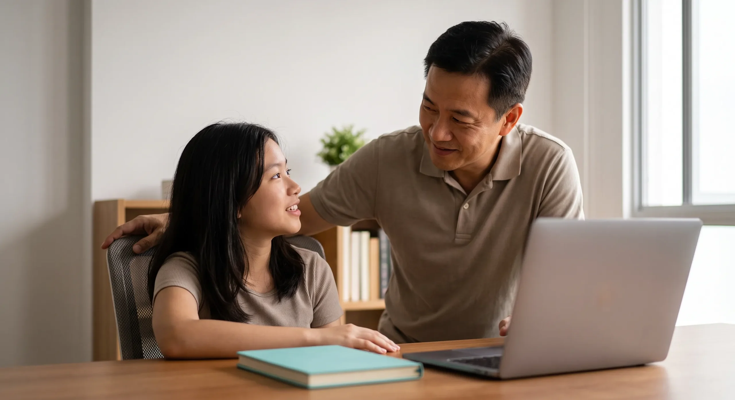 A parent and child talking about schoolwork at home