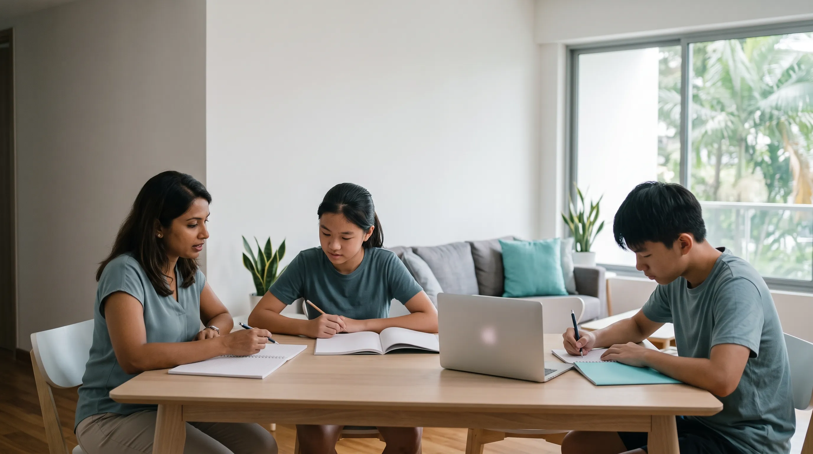 Tutor teaching two students in a small group class