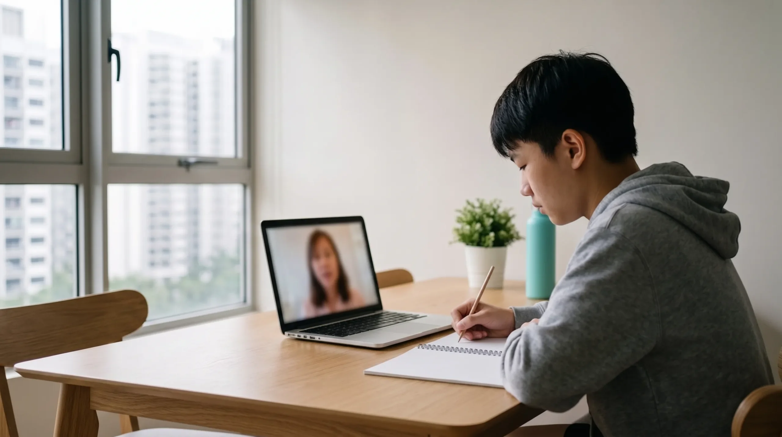 A student attending a live online lesson from home