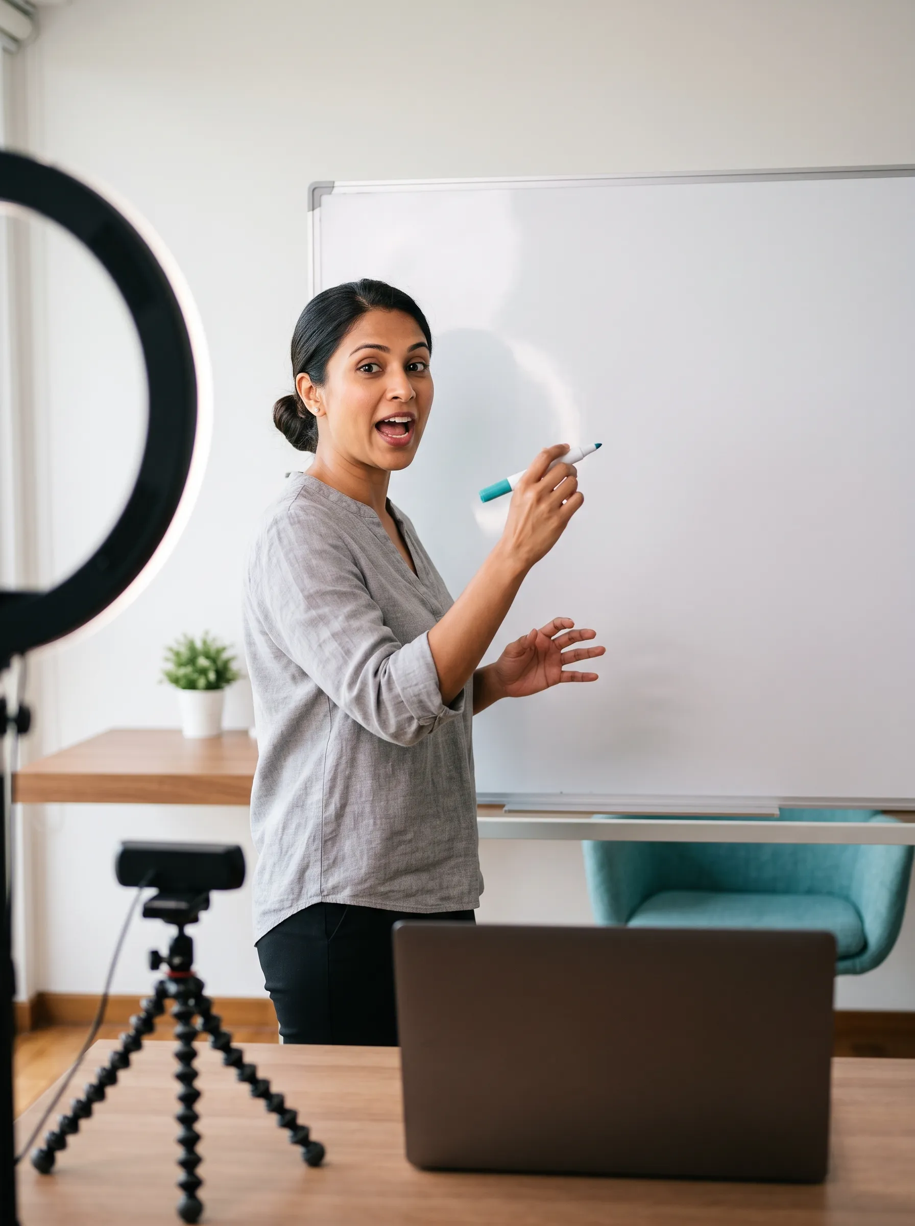 Liya explaining a concept at the whiteboard