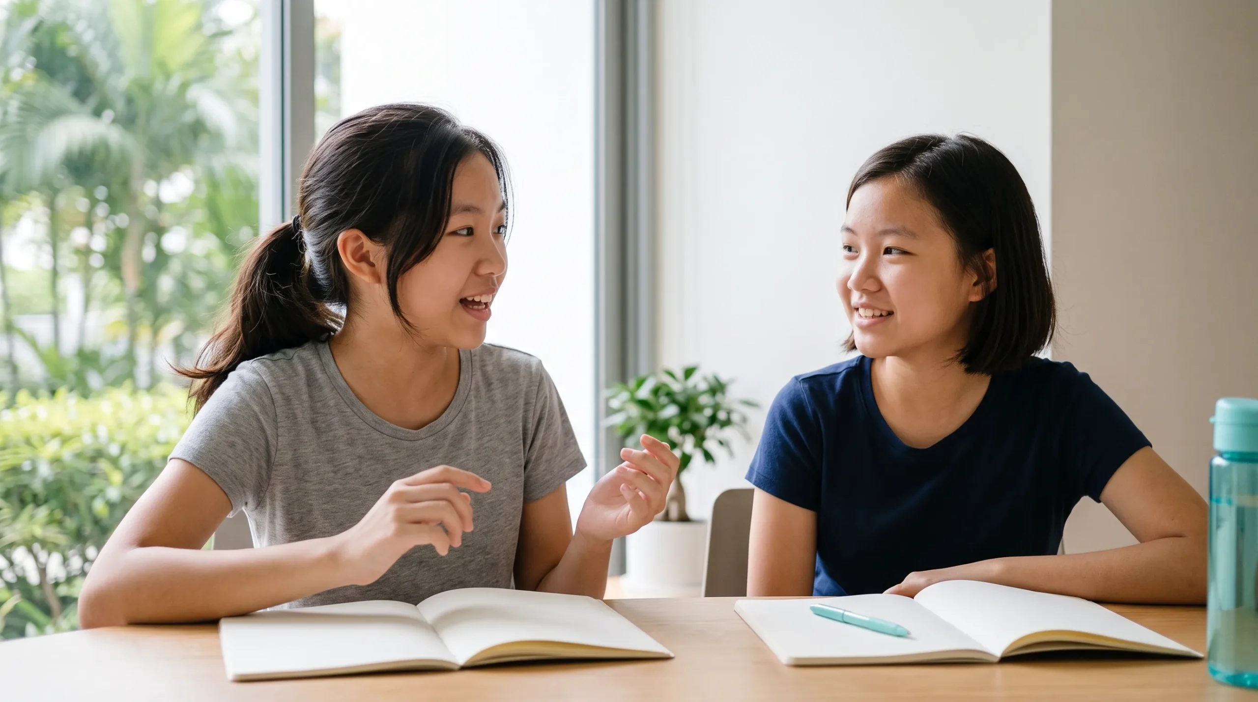 Two students talking through a question together