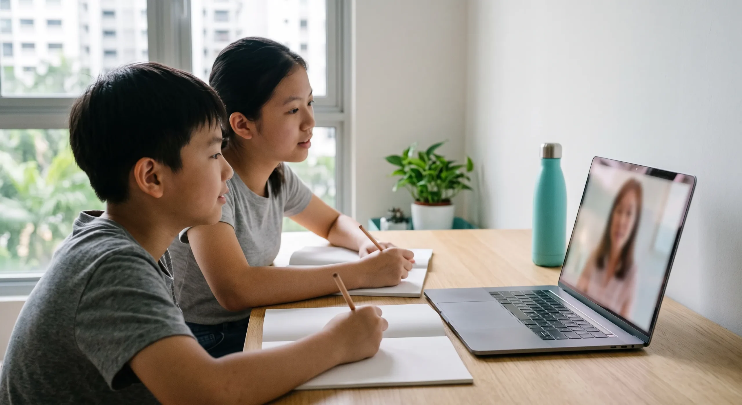 Two students choosing their programme during an online lesson