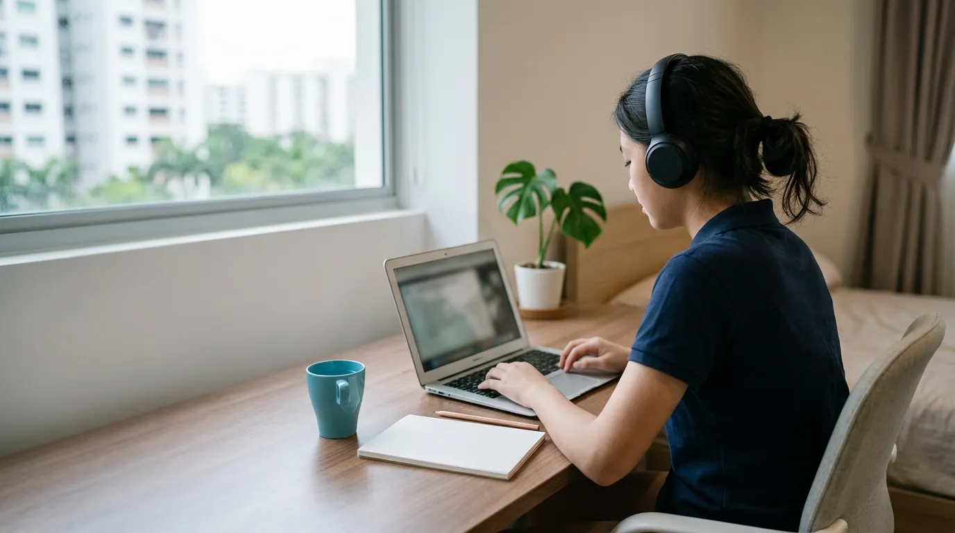 A student attending a live online lesson from home